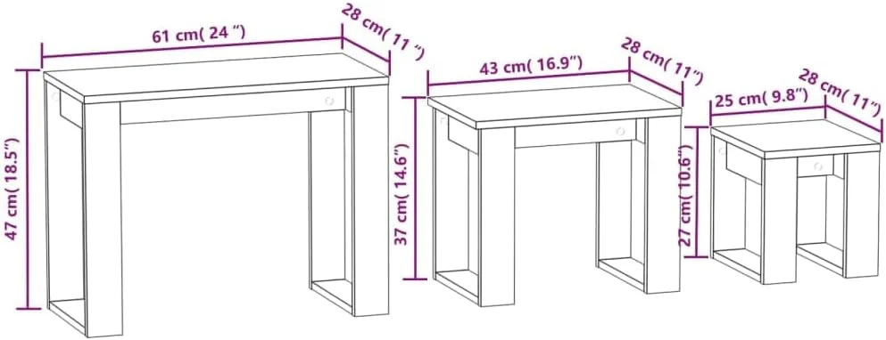 ویداایکس‌ال 3 عدد میز تودرتو، مبلمان اتاق نشیمن، اتاق خواب، میز عسلی، میز کنار تختی، ست میز مهندسی شده، چوب خاکستری بتنی