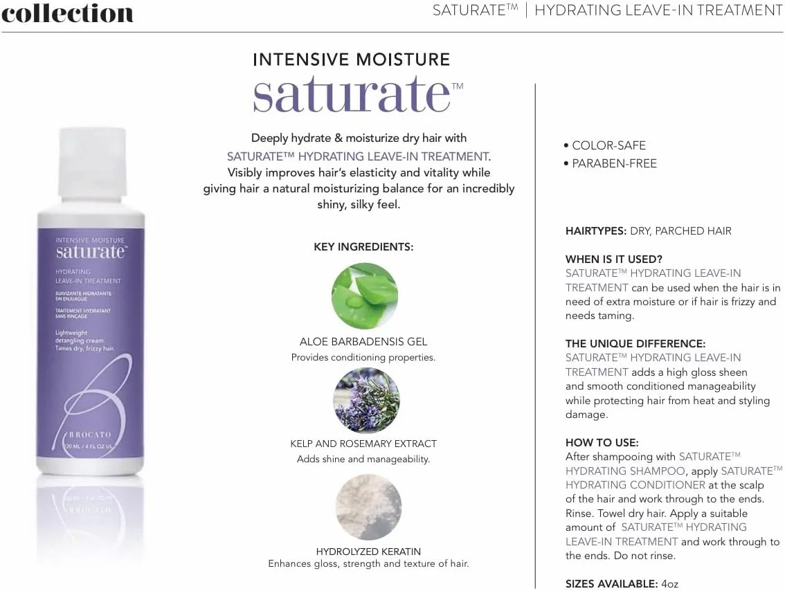 درمان آبرسان و بدون نیاز به آبکشی Brocato Saturate: درمان عمیق و بدون نیاز به آبکشی برای موهای خشک، مجعد، وز و رنگ شده - کرم مرطوب کننده قوی با برگ آلوئه و کراتین - 118 میلی لیتر