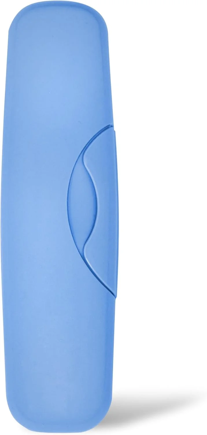 مسواک بزرگ RADIUS با سر برس قابل تعویض، فاقد BPA، مورد تایید ADA - دست راست - برس آبی گل پامچال پاستلی با جعبه آبی گل پامچال پاستلی