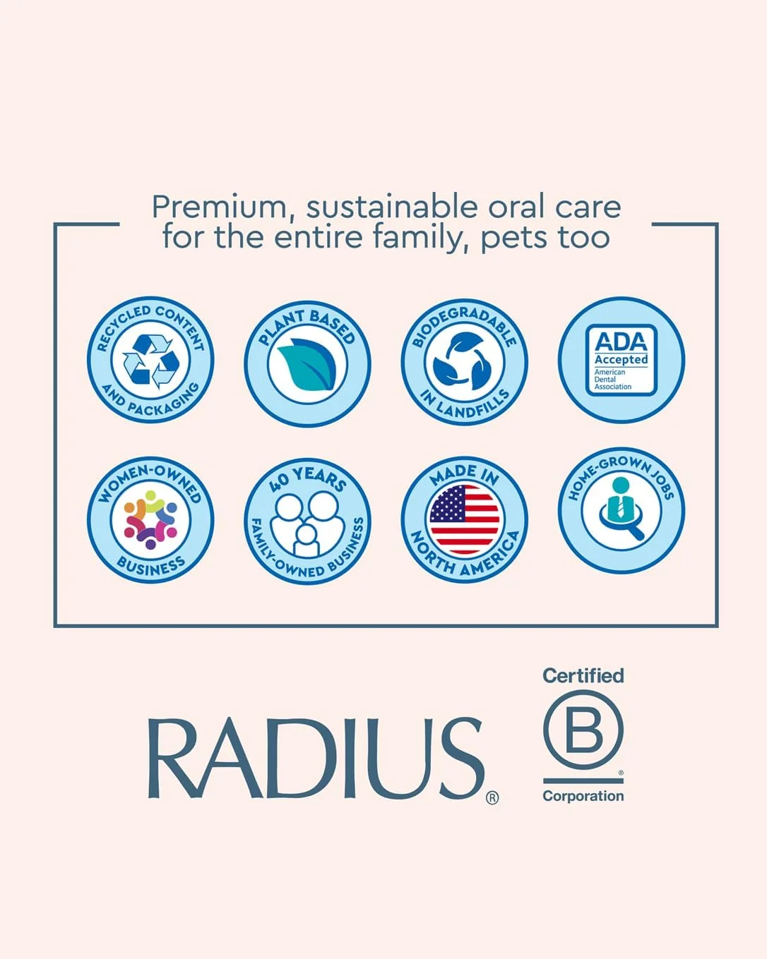 مسواک بزرگ RADIUS با سر برس قابل تعویض، فاقد BPA، مورد تایید ADA - دست راست - برس آبی گل پامچال پاستلی با جعبه آبی گل پامچال پاستلی