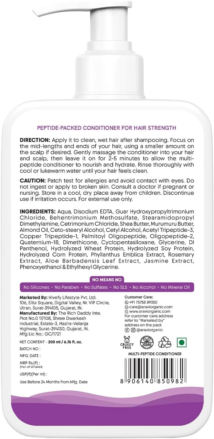 نرم کننده مو ضد ریزش مو حاوی چندین پپتید آراوی ارگانیک - استیل تری پپتید 3، پالمیتویل، الیگوپپتید و رزماری - 200 میلی لیتر