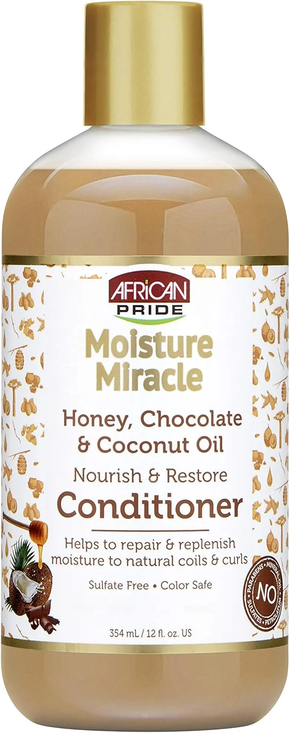نرم کننده موی سر با عسل، شکلات و روغن نارگیل آفریکن پراید مدل Moisture Miracle، مغذی و ترمیم کننده، 355 میلی لیتر نرم کننده موی سر با عسل، شکلات و روغن نارگیل آفریکن پراید مدل Moisture Miracle، مغذی و ترمیم کننده، 355 میلی لیتر