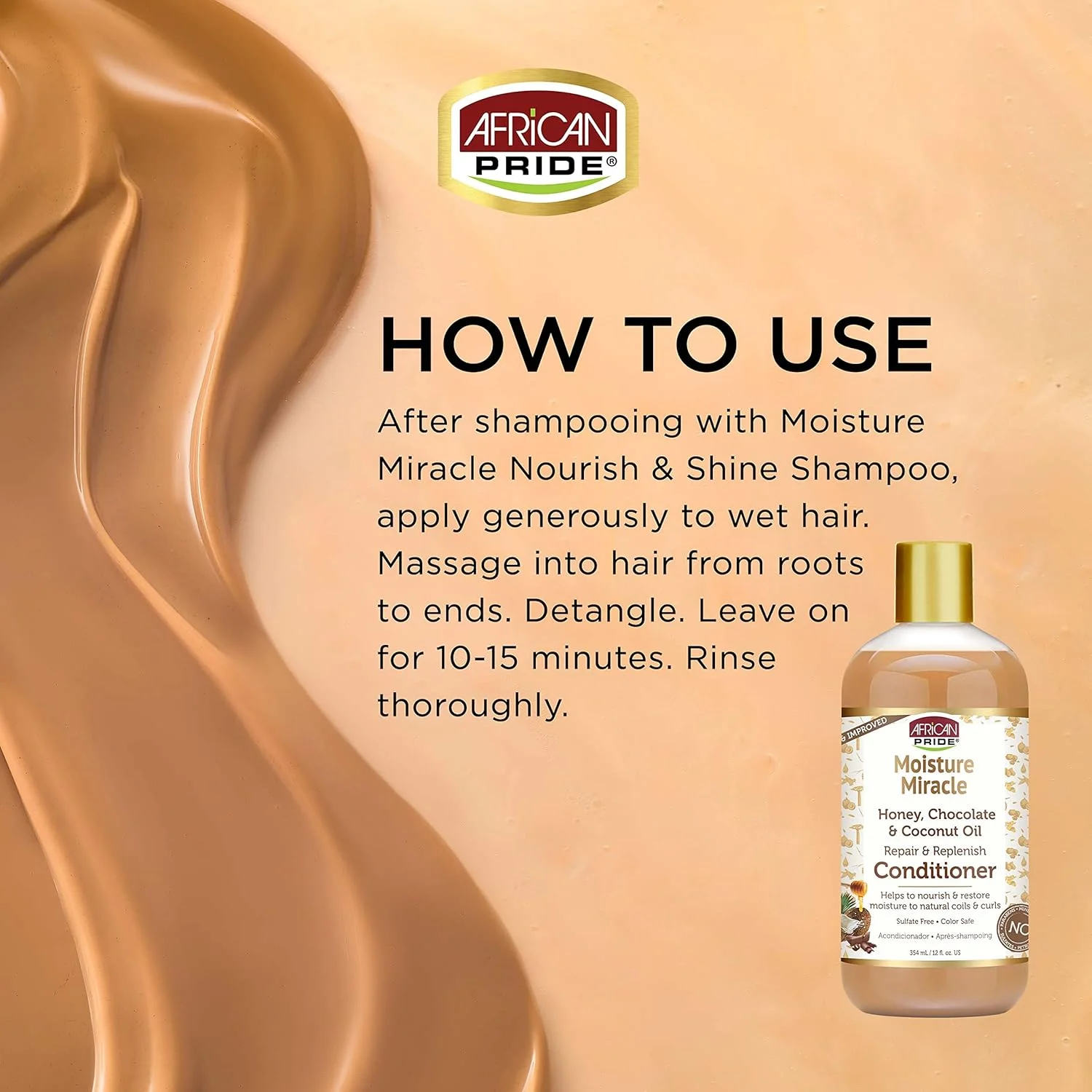 نرم کننده موی سر با عسل، شکلات و روغن نارگیل آفریکن پراید مدل Moisture Miracle، مغذی و ترمیم کننده، 355 میلی لیتر