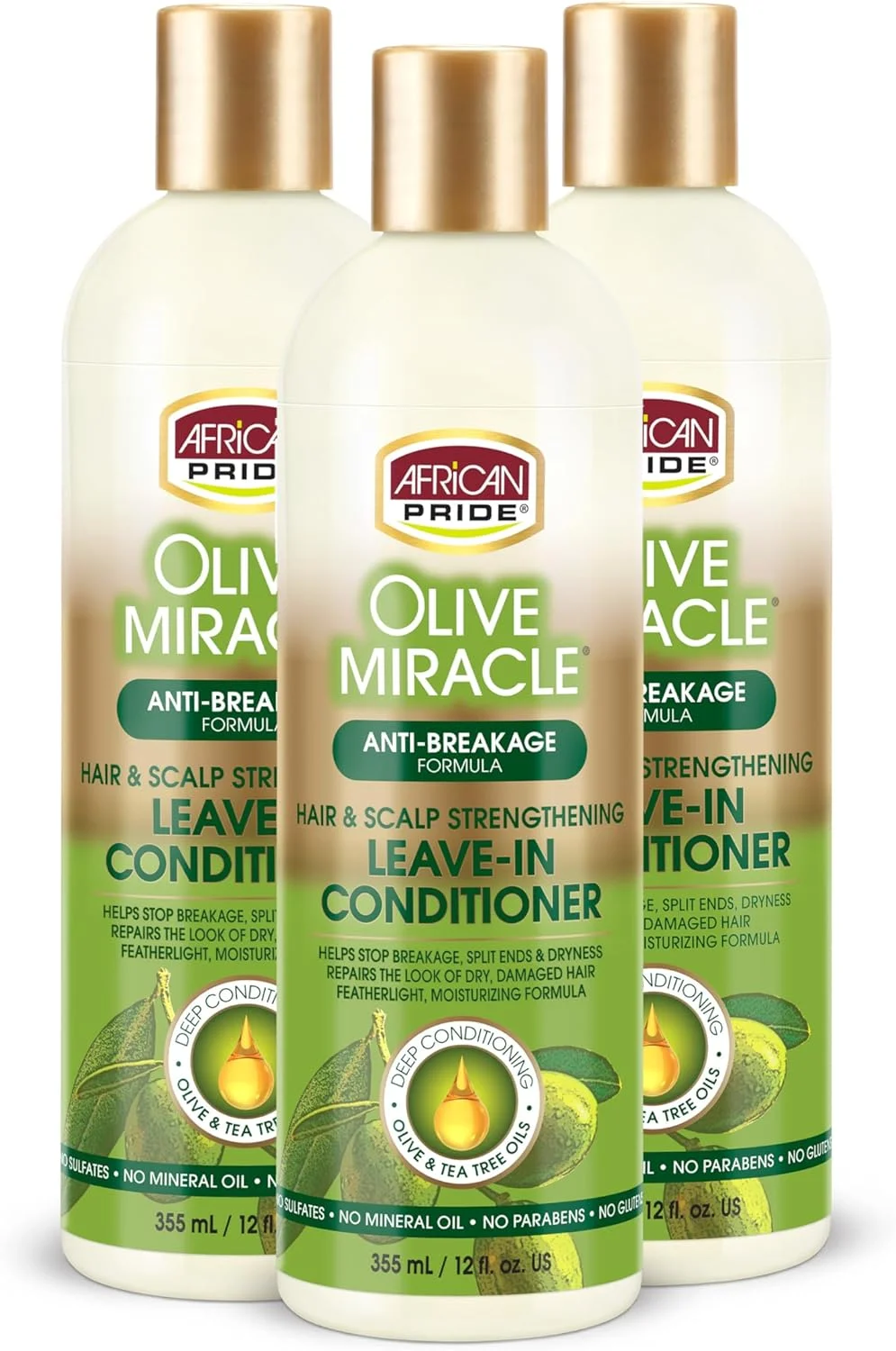 نرم کننده موی سر بدون نیاز به آبکشی African Pride Olive Miracle (بسته 3 عددی) غنی شده با روغن زیتون و درخت چای برای حفظ رطوبت و جلوگیری از شکستگی. 355 میلی لیتر نرم کننده موی سر بدون نیاز به آبکشی African Pride Olive Miracle (بسته 3 عددی) غنی شده با روغن زیتون و درخت چای برای حفظ رطوبت و جلوگیری از شکستگی. 355 میلی لیتر
