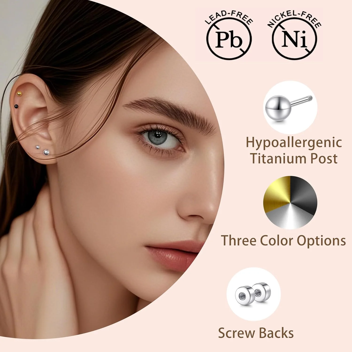 گوشواره های میخی توپی تیتانیومی Limerencia با پشت پیچی برای زنان، تیتانیوم خالص G23 ضد حساسیت برای گوش های حساس زنان و مردان، گوشواره پشت پیچی برای غضروف تراگوس مارپیچ لاله گوش