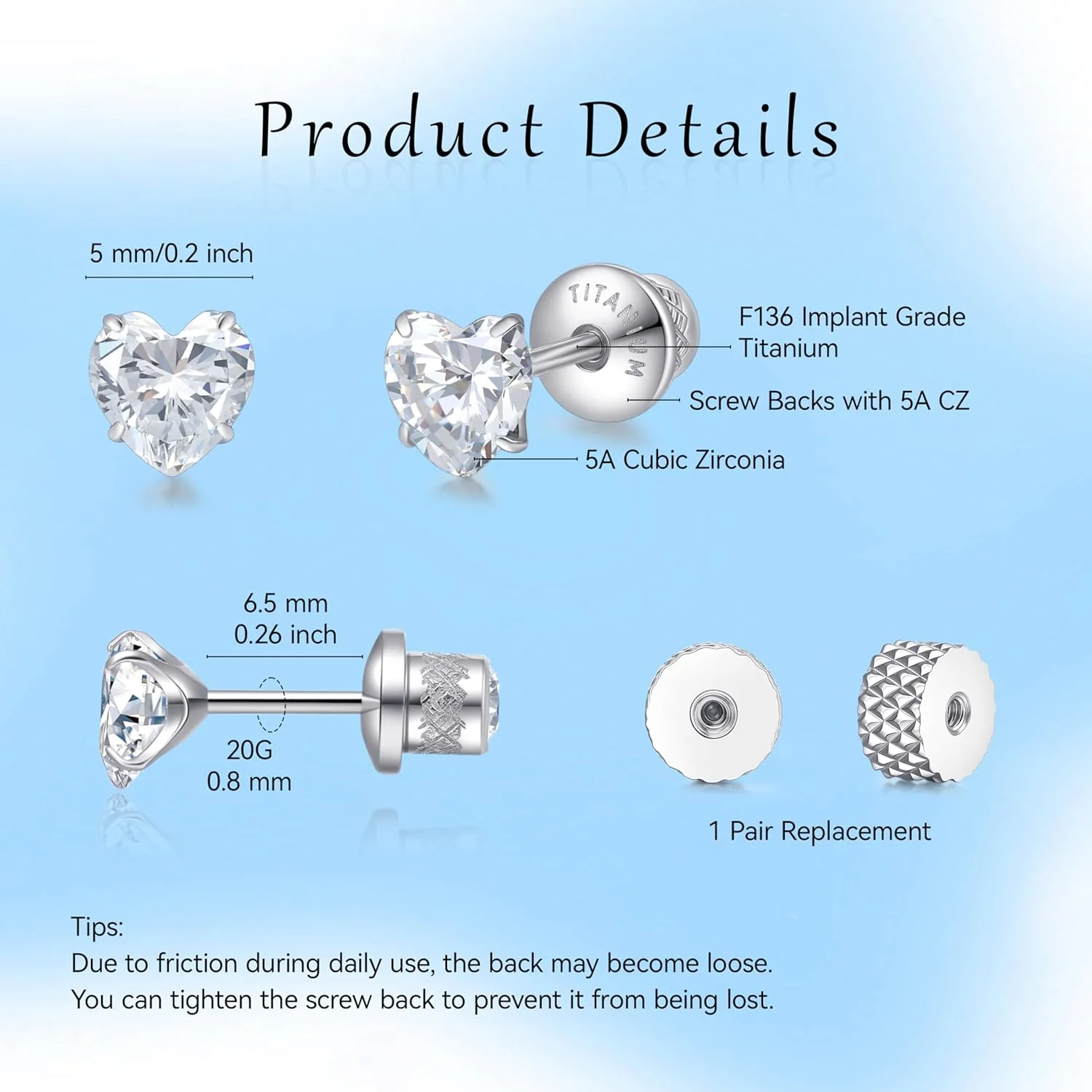 گوشواره های میخی قلبی Limerencia با پشت پیچی، گوشواره های میخی تیتانیومی گرید ایمپلنت G23، گیج 20، ضد حساسیت، مناسب برای سوراخ کردن غضروف گوش برای گوش های حساس گوشواره های میخی قلبی Limerencia با پشت پیچی، گوشواره های میخی تیتانیومی گرید ایمپلنت G23، گیج 20، ضد حساسیت، مناسب برای سوراخ کردن غضروف گوش برای گوش های حساس