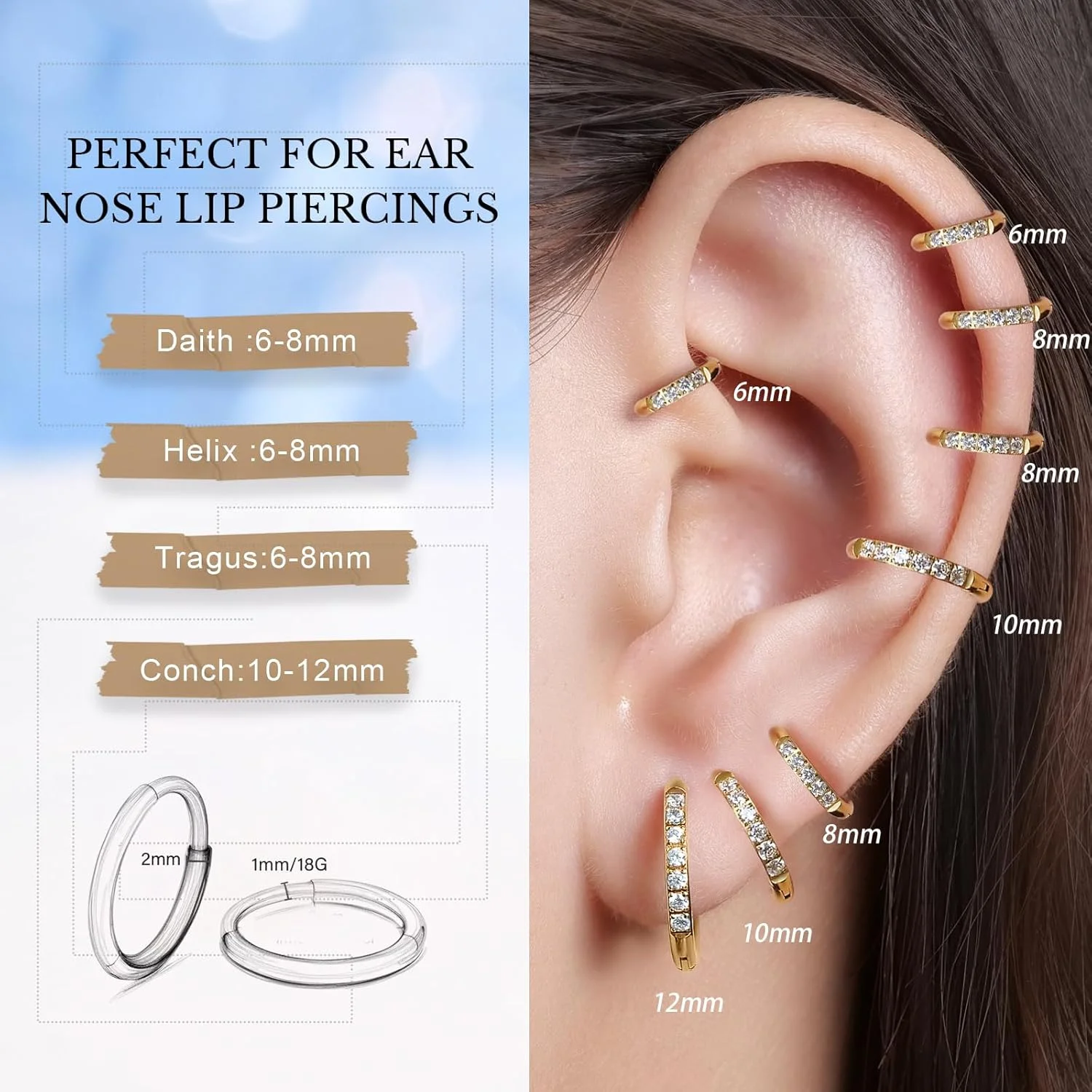 گوشواره های حلقه ای تیتانیومی لیمرنسیا F136، حلقه های کوچک نگین دار، گوشواره های کاف نقره ای طلایی، جواهرات پیرسینگ غضروف برای زنان گوش های حساس (6-12 میلی متر) گوشواره های حلقه ای تیتانیومی لیمرنسیا F136، حلقه های کوچک نگین دار، گوشواره های کاف نقره ای طلایی، جواهرات پیرسینگ غضروف برای زنان گوش های حساس (6-12 میلی متر)