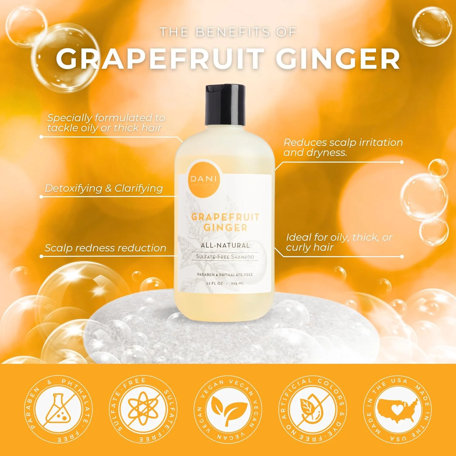 شامپو روزانه DANI Naturals - فاقد پارابن، فتالات و سولفات - مواد ارگانیک، PH متعادل با آلوئه ورا - رایحه گریپ فروت زنجبیل - وگان و بدون تست حیوانی - 355 میلی لیتر شامپو روزانه DANI Naturals - فاقد پارابن، فتالات و سولفات - مواد ارگانیک، PH متعادل با آلوئه ورا - رایحه گریپ فروت زنجبیل - وگان و بدون تست حیوانی - 355 میلی لیتر