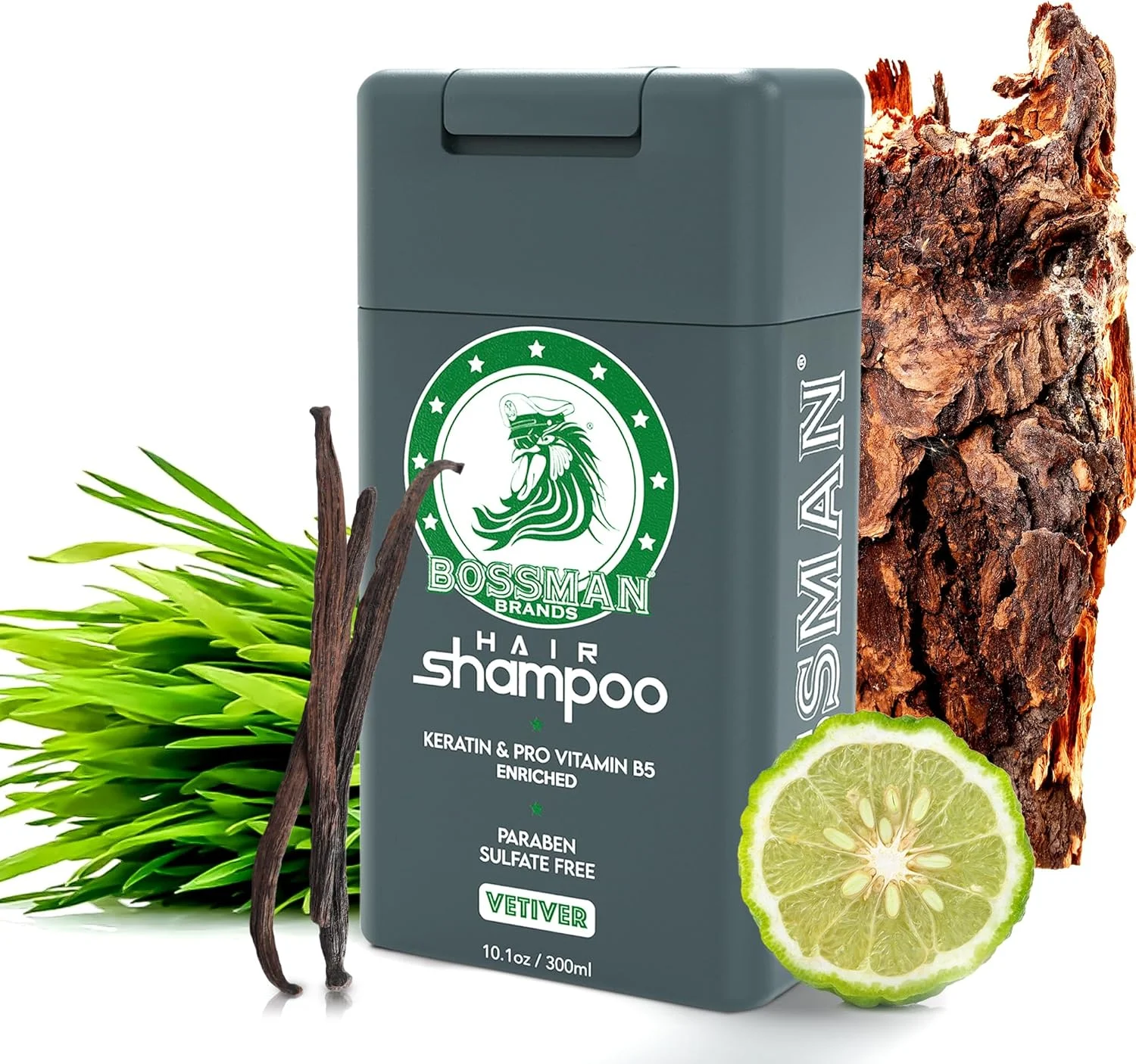 شامپو مو مردانه Bossman - شامپو مرطوب کننده طبیعی مردانه غنی شده با کراتین و ویتامین Pro5 - بدون پارابن و سولفات (رایحه وتیور X)