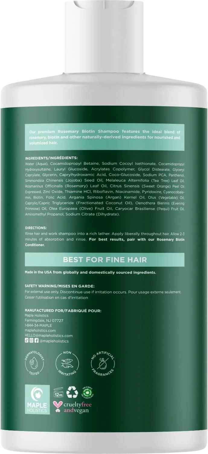 شامپو رزماری و بیوتین Maple Holistics برای رشد مو - وگان، بدون سولفات، 473 میلی لیتر، برای موهای نازک و ریزش مو، حاوی روغن ضروری رزماری حجم دهنده برای موهای ظریف، ضعیف و کدر