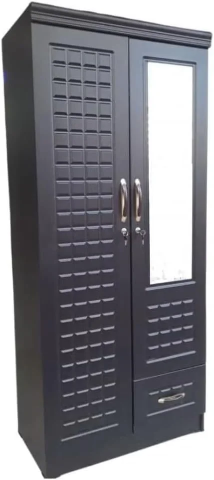 Furniture4Us کمد لباس چوبی دو درب Nuwairah با آینه و یک کشو قفل دار، سایز 183/80/40 (بدون مونتاژ، رنگ: ونگه تیره)