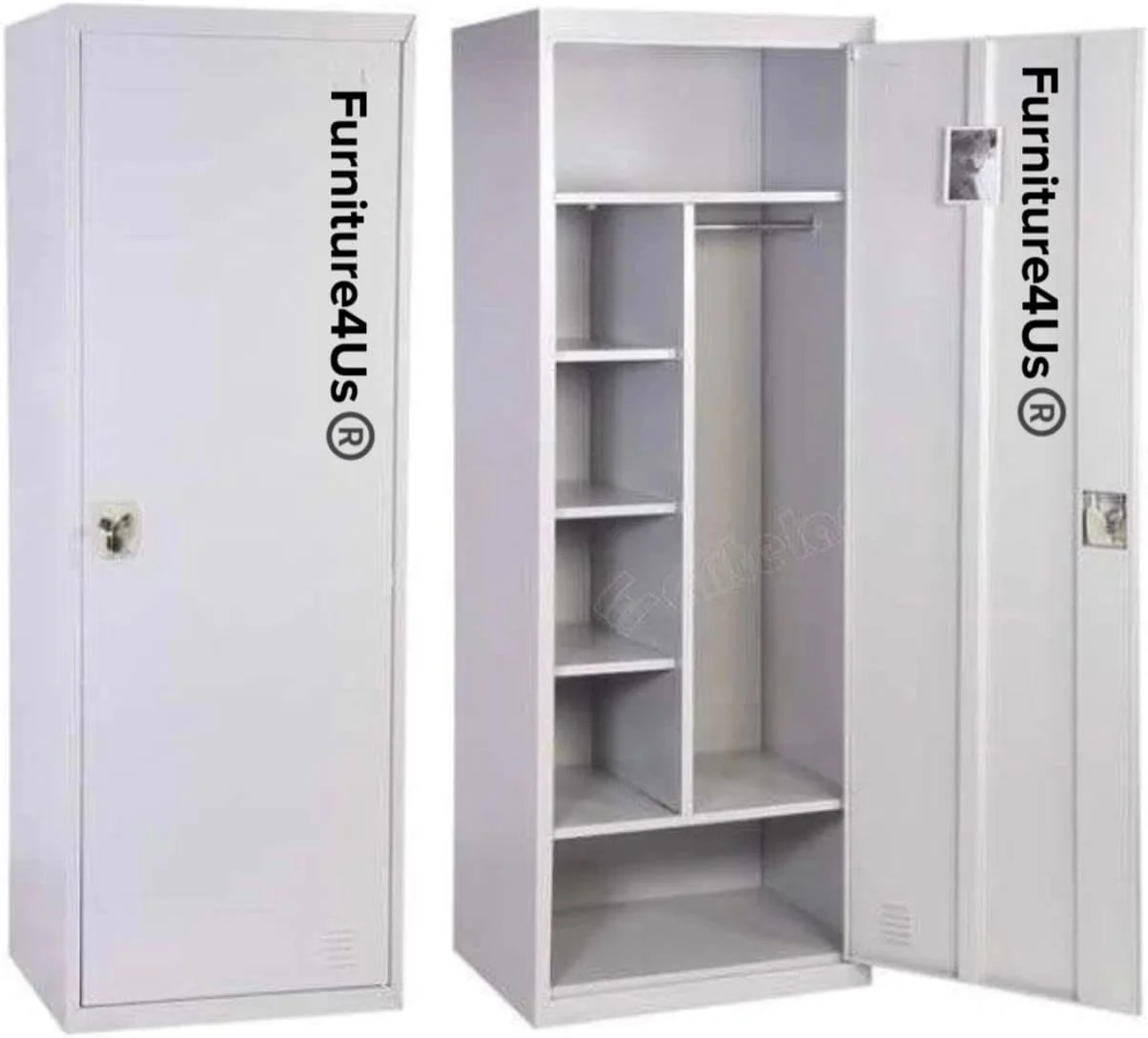 Furniture4Us کمد فلزی یک درب قفل‌دار، کابینت، با قفسه‌های سمت چپ و آویز سمت راست برای اتاق نشیمن، آشپزخانه، اداره، مدرسه، اتاق مطالعه سایز-(ارتفاع 185 سانتی‌متر عمق 50 سانتی‌متر عرض 60 سانتی‌متر)