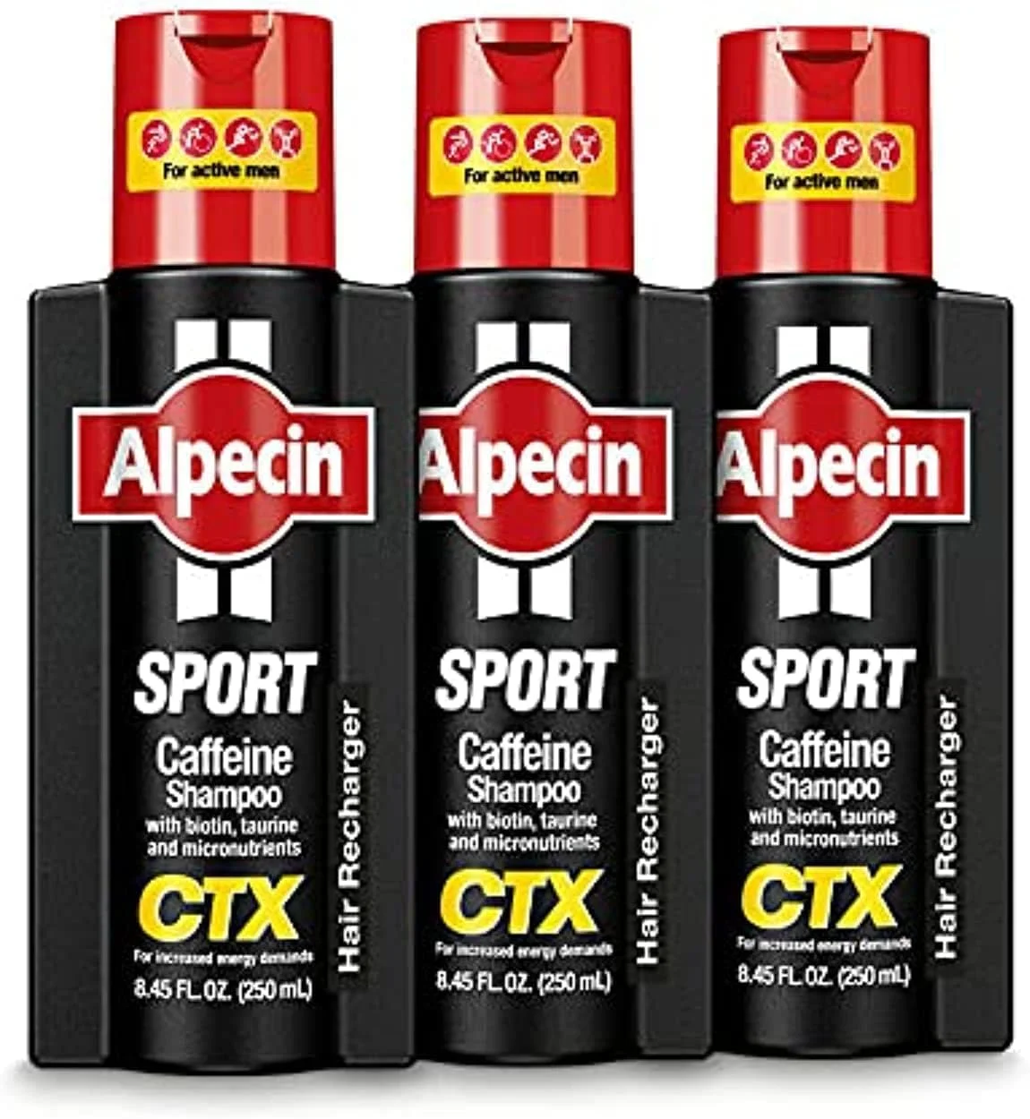 شامپو کافئین مردانه آلپسین CTX Sport، حاوی بیوتین، نیاسین، روغن کرچک، تورین، ریزمغذی های سالم، رشد طبیعی مو، ضخیم کننده مو، موهای نازک، مناسب سبک زندگی فعال، بسته 3 عددی