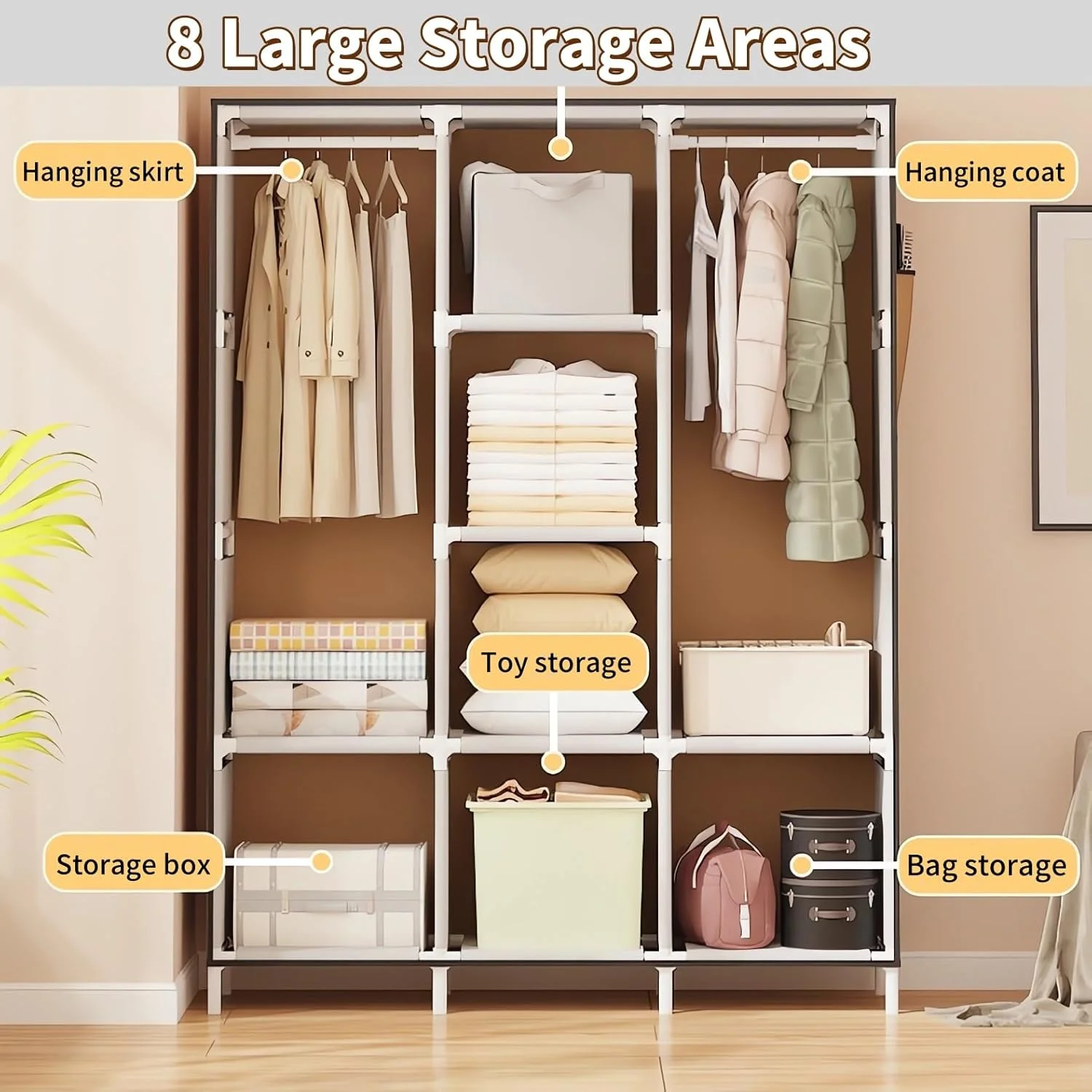 کمد لباس قابل حمل Fohome، سازمان دهنده کمد لباس پارچه ای با جیب و 8 قفسه ذخیره سازی، قفسه لباس با روکش، کمد لباس قابل حمل برای اتاق خواب، خوابگاه (خاکستری)