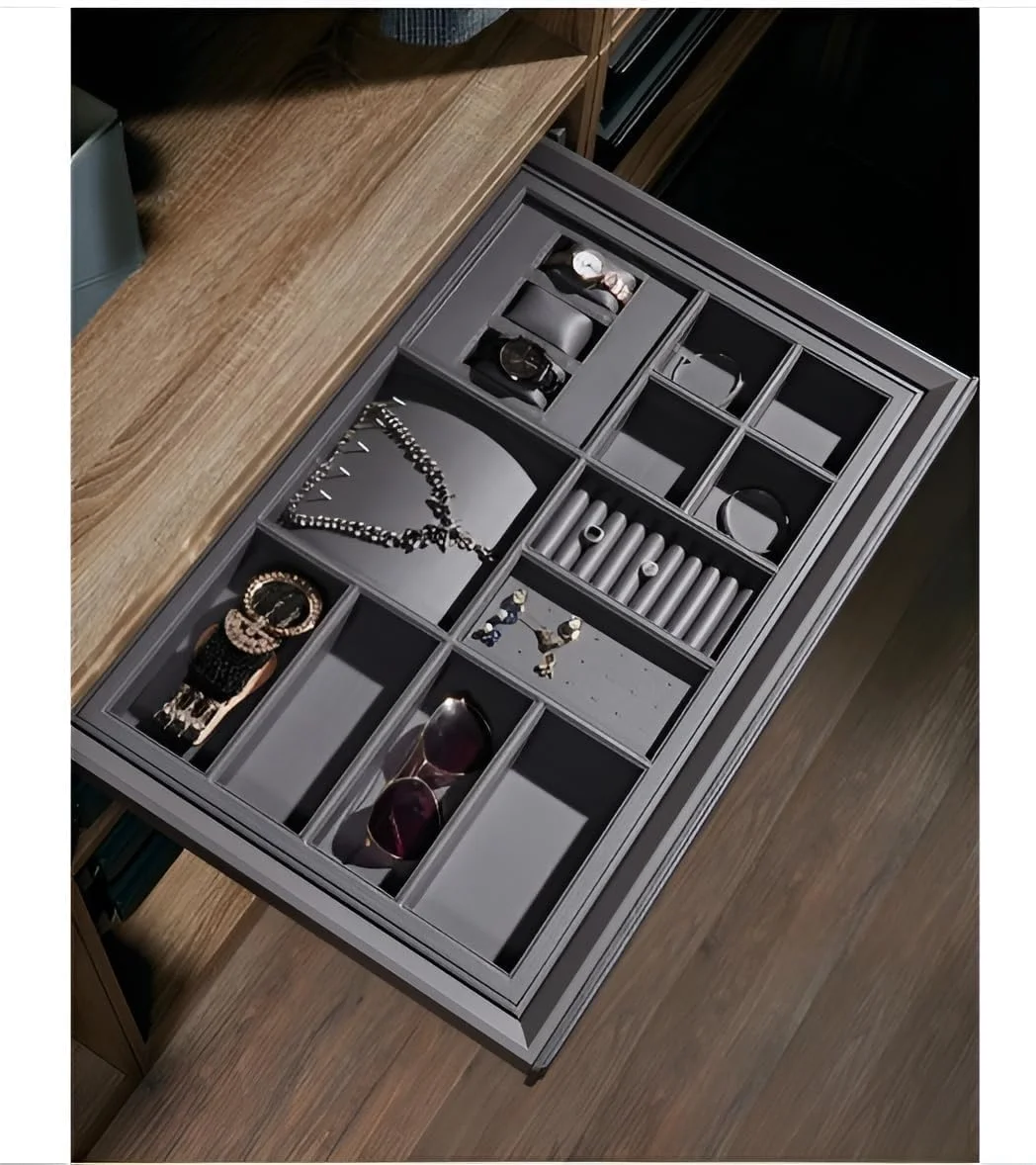 کشو ریلی کمد لباس EUROCLIQ برای نگهداری جواهرات با کشو کشویی، قفسه نگهداری جواهرات چرمی کشویی کمد لباس قابل تنظیم (900x120x475-864)