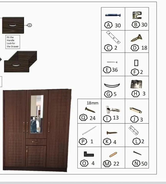 کمد لباس چوبی سه درب با آینه، سه درب قفلدار، یک کشو، یک فضای ذخیرهسازی کوچک زیر کشو، یک چوب لباسی در یک طرف زیر قفسه، دو قفسه در طرف دیگر کمد لباس چوبی سه درب با آینه، سه درب قفلدار، یک کشو، یک فضای ذخیرهسازی کوچک زیر کشو، یک چوب لباسی در یک طرف زیر قفسه، دو قفسه در طرف دیگر