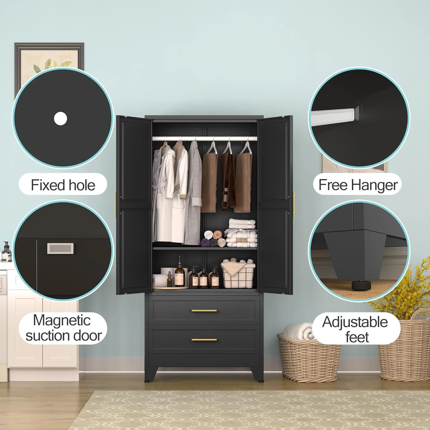 کمد لباس فلزی erosoei، کمد نگهداری لباس فلزی 71 اینچی با قفسه های قابل تنظیم و میله آویز، کمد نگهداری لباس فولادی خانگی با کشو