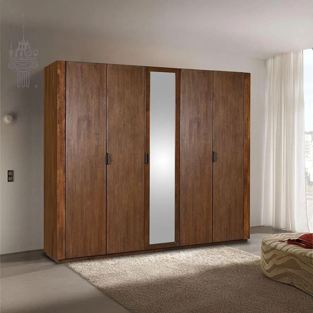 کمد لباس 5 درب چوبی زenia دانوب هوم با آینه | کمد لباس محکم | طراحی مدرن و صرفه جویی در فضا با درب لولایی مناسب اتاق خواب، ابعاد L215.3xW60xH206.1 سانتی متر - قهوه ای تیره