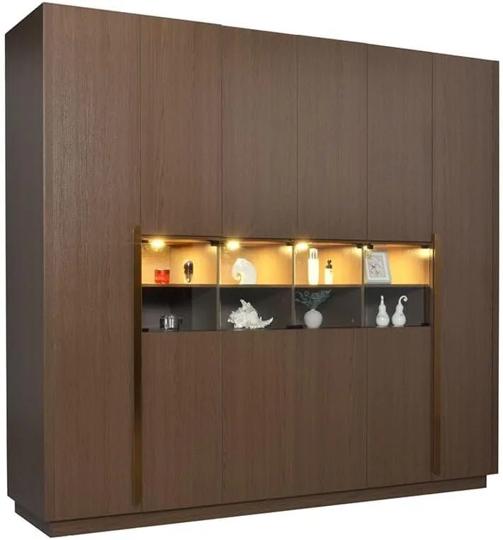 کمد لباس 6 درب رونین Danube Home با قفسه و LED | کمد لباس محکم | طراحی مدرن و صرفه جویی در فضا با درب لولایی مناسب اتاق خواب، ابعاد L240xW60xH220cm - گردویی/برنزی