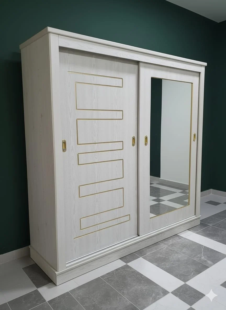 کمد دیواری کشویی، ارتفاع 200 سانتی متر، عرض 200 سانتی متر، عمق 60 سانتی متر، رنگ کرم استخوانی، با جزئیات طلایی، ساخته شده از ام دی اف مرغوب 18 میلی متری