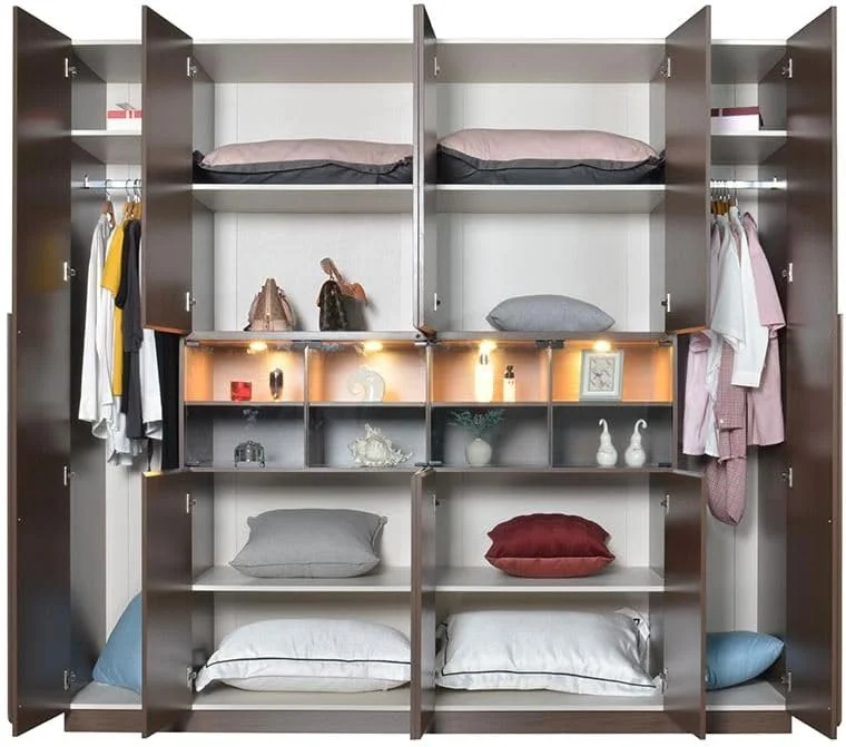 کمد لباس 6 درب رونین Danube Home با قفسه و LED | کمد لباس محکم | طراحی مدرن و صرفه جویی در فضا با درب لولایی مناسب اتاق خواب، ابعاد L240xW60xH220cm - گردویی/برنزی