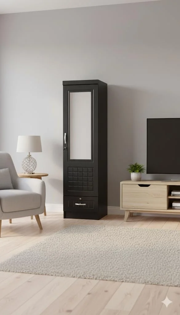 کمد لباس چوبی تک درب زامارت با آینه و کشو | کمد لباس چوبی مهندسی شده برای نگهداری اتاق خواب | کابینت لباس جمع و جور | بادوام، صرفه جویی در فضا، بدون نیاز به مونتاژ (W50xD50x190 سانتی متر، قهوه ای تیره)