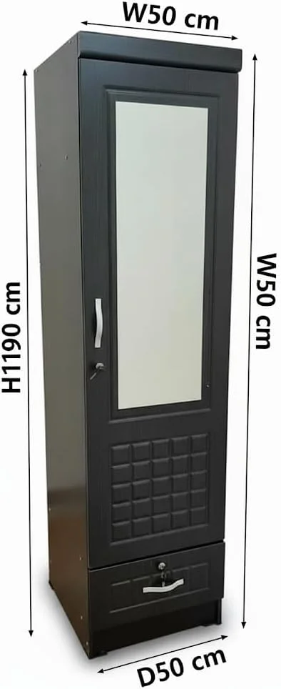 کمد لباس چوبی تک درب زامارت با آینه و کشو | کمد لباس چوبی مهندسی شده برای نگهداری اتاق خواب | کابینت لباس جمع و جور | بادوام، صرفه جویی در فضا، بدون نیاز به مونتاژ (W50xD50x190 سانتی متر، قهوه ای تیره)