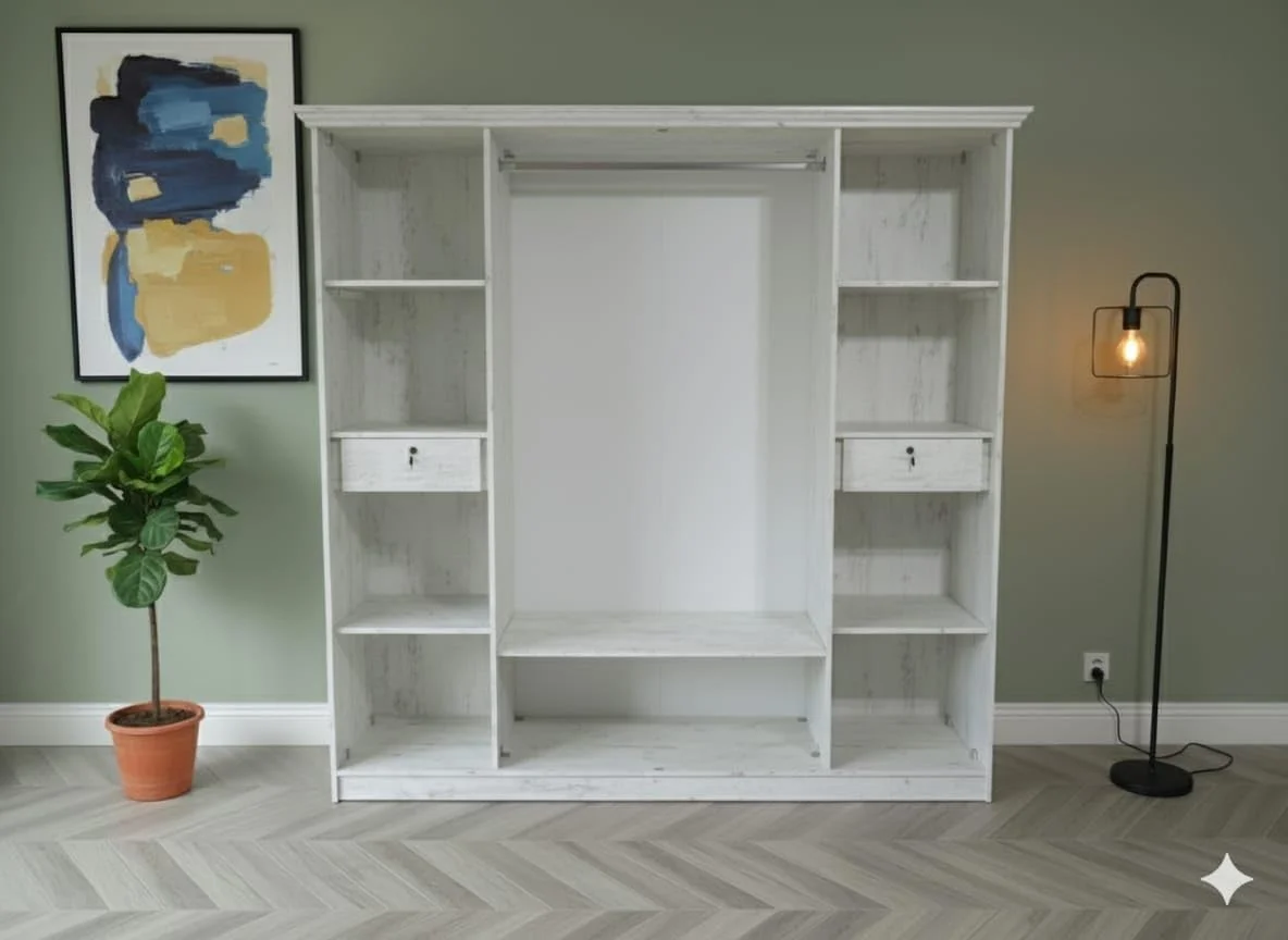 کمد دیواری کشویی، ارتفاع 200 سانتی متر، عرض 200 سانتی متر، عمق 60 سانتی متر، رنگ کرم استخوانی، با جزئیات طلایی، ساخته شده از ام دی اف مرغوب 18 میلی متری