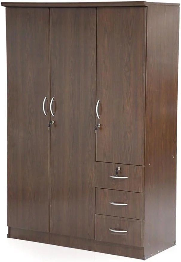کمد لباس 3 درب ALWASIT HOME برای اتاق خواب با قفسه و فضای آویز، 3 کشو | کمد لباس 3 درب چوبی | کمد چوبی مهندسی شده | لوازم نگهداری منزل (بلوطی تیره)