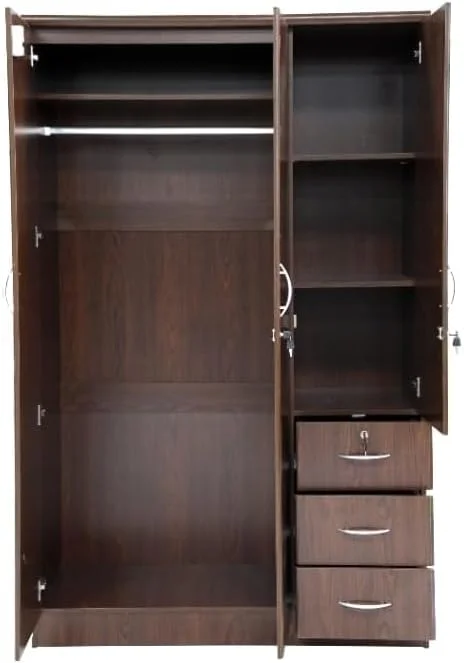 کمد لباس 3 درب ALWASIT HOME برای اتاق خواب با قفسه و فضای آویز، 3 کشو | کمد لباس 3 درب چوبی | کمد چوبی مهندسی شده | لوازم نگهداری منزل (بلوطی تیره)