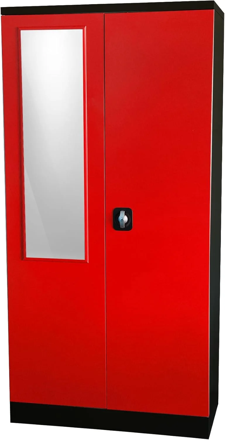 کمد فلزی دو درب RIGID | کمد لباس با فضای آویز لباس، قفسه بندی و آینه درب جلو | کابینت ذخیره سازی برای اتاق نشیمن منزل اتاق خواب (مشکی و قرمز، 45D x 90W x 183H CM) کاملا مونتاژ شده