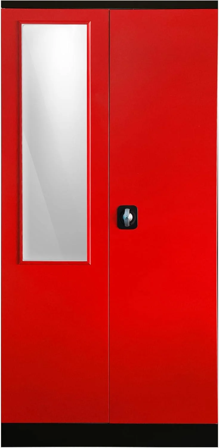 کمد فلزی دو درب RIGID | کمد لباس با فضای آویز لباس، قفسه بندی و آینه درب جلو | کابینت ذخیره سازی برای اتاق نشیمن منزل اتاق خواب (مشکی و قرمز، 45D x 90W x 183H CM) کاملا مونتاژ شده