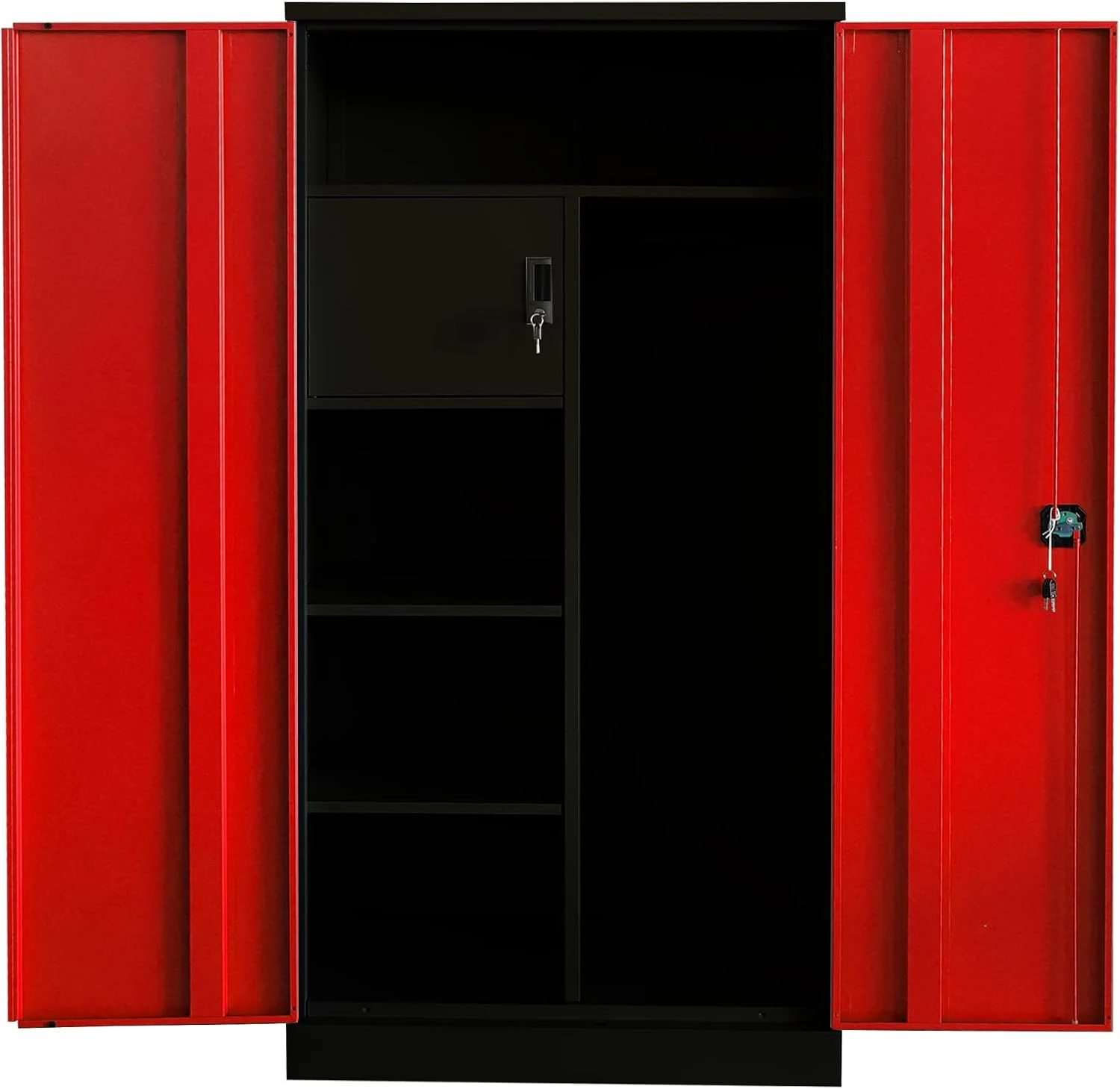 کمد فلزی دو درب RIGID | کمد لباس با فضای آویز لباس، قفسه بندی و آینه درب جلو | کابینت ذخیره سازی برای اتاق نشیمن منزل اتاق خواب (مشکی و قرمز، 45D x 90W x 183H CM) کاملا مونتاژ شده