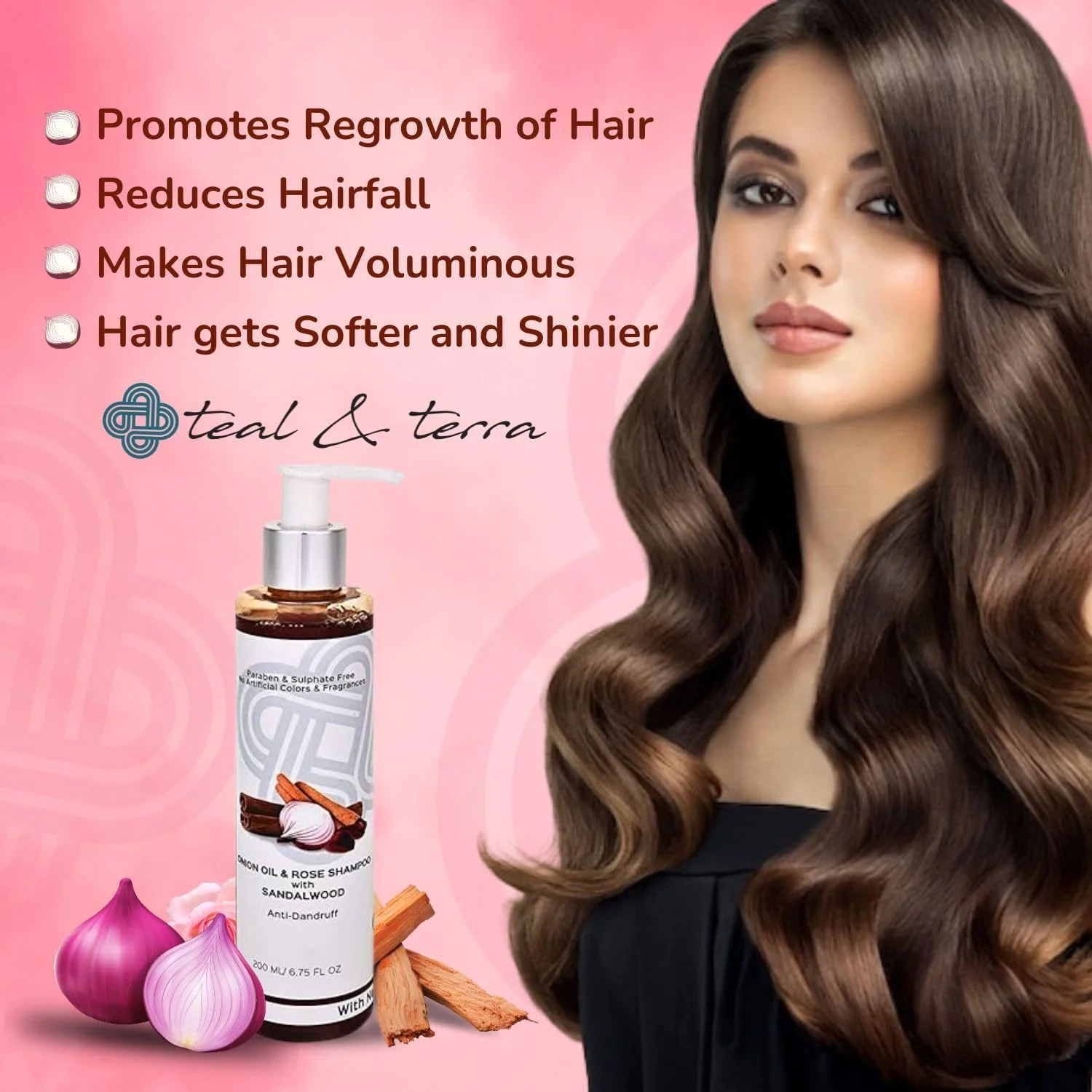 شوینده/شامپو مو تیال اند ترا با روغن پیاز، رز، چریش و صندل با برهمی، آملا، برینگراج، روغن چریش، هیبیسکوس و آلوئه ورا