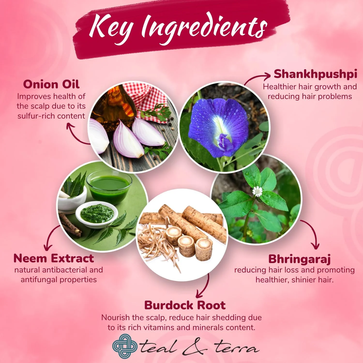 شوینده/شامپو مو تیال اند ترا با روغن پیاز، رز، چریش و صندل با برهمی، آملا، برینگراج، روغن چریش، هیبیسکوس و آلوئه ورا