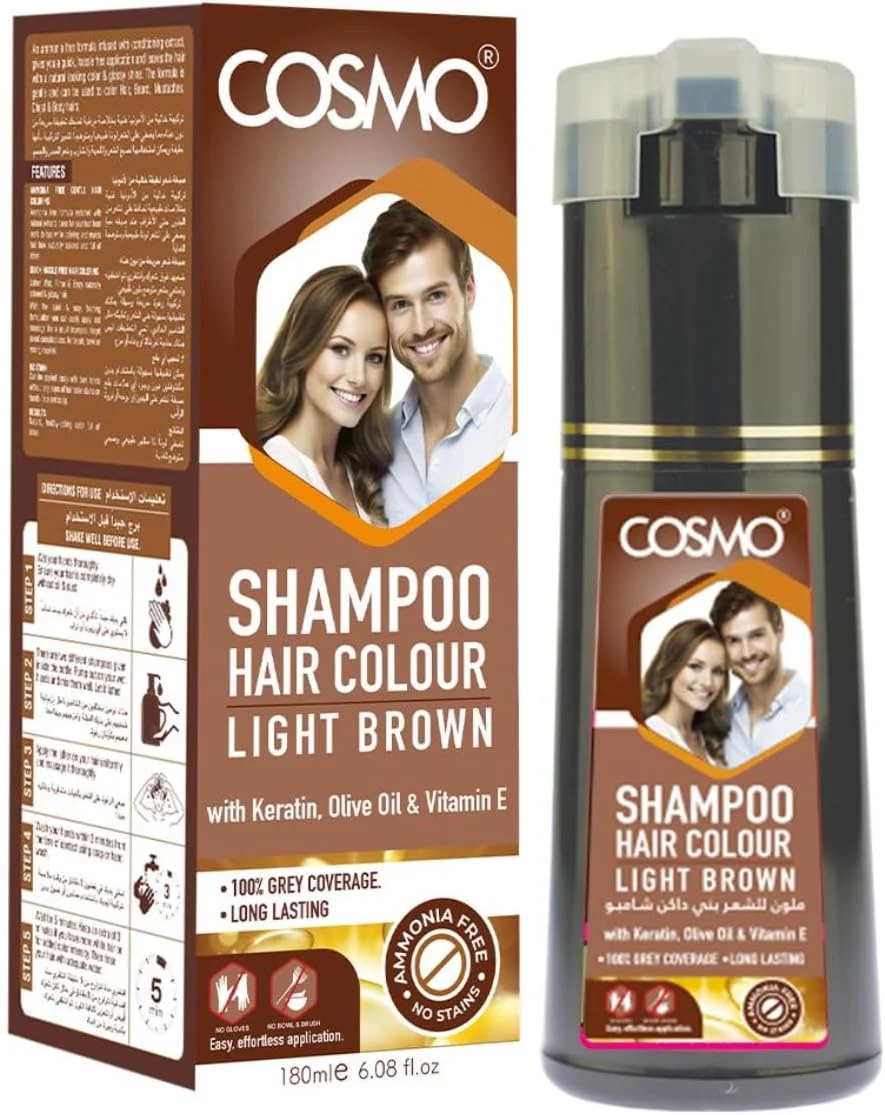 شامپو رنگ موی قهوه ای روشن Cosmo حجم 180 میلی لیتر | حاوی کراتین، روغن زیتون و ویتامین E | پوشش 100% موهای سفید | بدون آمونیاک | بدون ایجاد لک | رنگ موی ماندگار | برای آقایان و بانوان | رنگ کردن مو در چند دقیقه