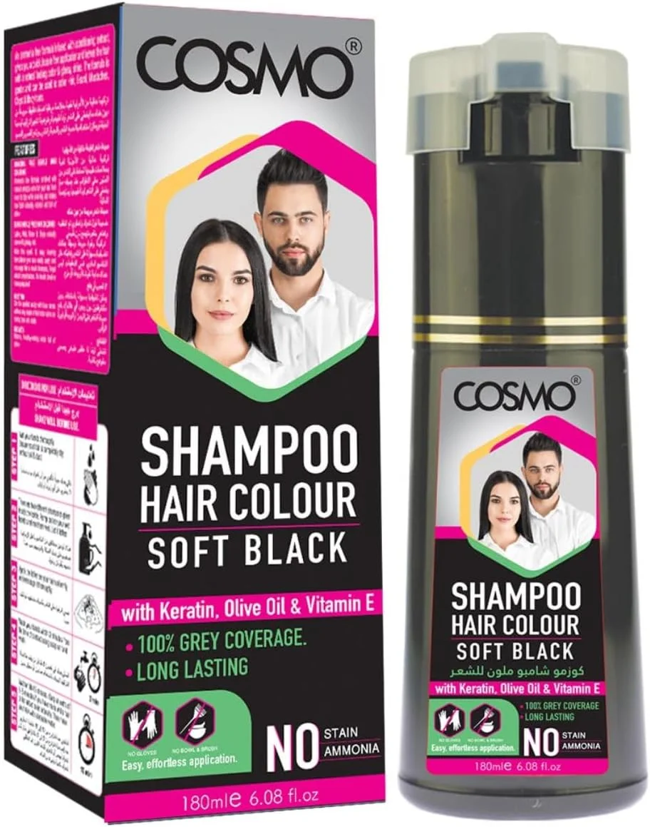 شامپو رنگ مو مشکی ملایم Cosmo حجم 180 میلی لیتر | حاوی کراتین، روغن زیتون و ویتامین E | پوشش 100% موهای سفید | بدون آمونیاک | بدون ایجاد لک | رنگ موی ماندگار | برای آقایان و بانوان | رنگ کردن مو در چند دقیقه