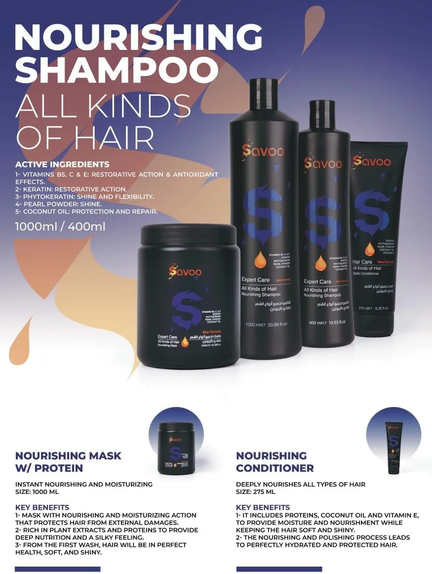 شامپو مغذی ساوو حاوی پروتئین برای انواع مو - ۱۰۰۰ میلی لیتر | مرطوب کننده، تقویت کننده و حجم دهنده | غنی شده با کراتین، فیتوکراتین، روغن نارگیل و ویتامین ها | برای زنان و مردان