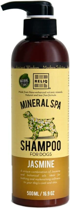 شامپو سگ/توله سگ RELIQ با مواد معدنی طبیعی اسپا با رایحه یاس. بدون صابون و فرمول جو دوسر. بدون اشک و کنترل طولانی مدت بو. پوشش فوق العاده نرم و براق بعد از شستشو.