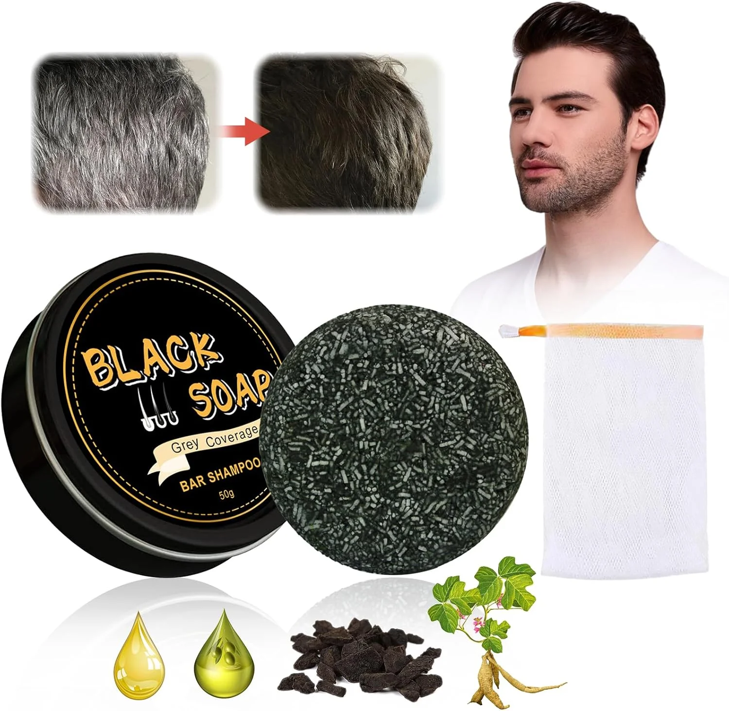 شامپو صابونی جامد براق کننده موهای خاکستری، صابون طبیعی برای از بین بردن موهای سفید، شامپو تیره کننده مو، تقویت کننده تیرگی مو و جلوگیری از ریزش مو (A)