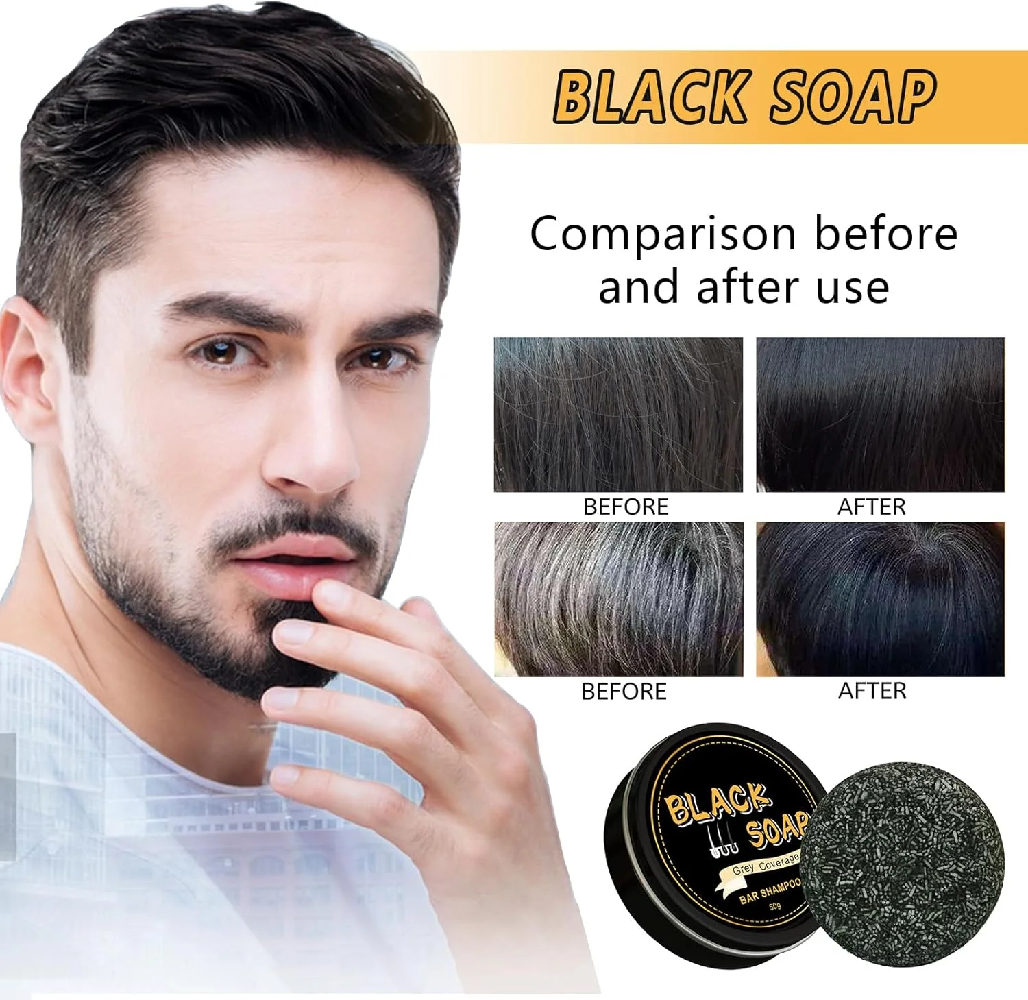 شامپو صابونی جامد براق کننده موهای خاکستری، صابون طبیعی برای از بین بردن موهای سفید، شامپو تیره کننده مو، تقویت کننده تیرگی مو و جلوگیری از ریزش مو (A)