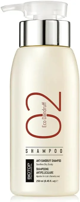 شامپو ضد شوره سر اکو 02 Biotop Professional | غنی شده با ویتامین B5 برای آبرسانی، تغذیه و تسکین پوست سر | فاقد پارابن، SLS و سولفات | شامپو ضد شوره برای آقایان و بانوان