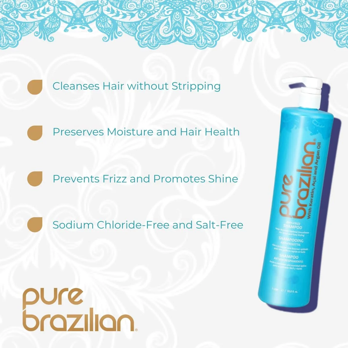 شامپو روزانه ضد وز مو Pure Brazilian با پمپ - بدون نمک، محافظ رنگ مو، حاوی کراتین، روغن آرگان و آکای (1 لیتر/ 33.8 اونس مایع)