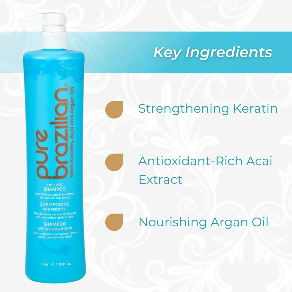 شامپو روزانه ضد وز مو Pure Brazilian با پمپ - بدون نمک، محافظ رنگ مو، حاوی کراتین، روغن آرگان و آکای (1 لیتر/ 33.8 اونس مایع)