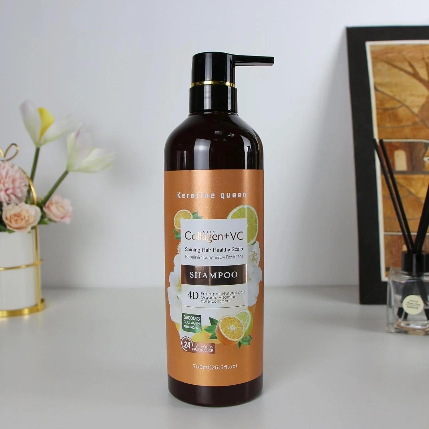 شامپو پروتئین کوئین کراتین سوپر کلاژن + VC درخشان کننده مو 4D، ترمیم کننده و مغذی پوست سر و مقاوم در برابر اشعه ماوراء بنفش، 750 میلی لیتر