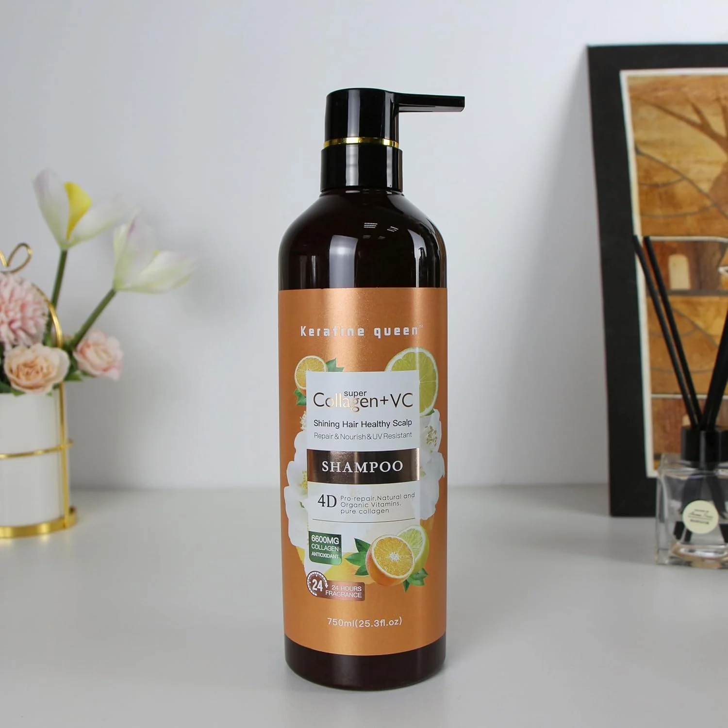 شامپو پروتئین کوئین کراتین سوپر کلاژن + VC درخشان کننده مو 4D، ترمیم کننده و مغذی پوست سر و مقاوم در برابر اشعه ماوراء بنفش، 750 میلی لیتر