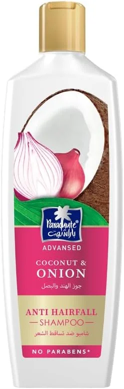 شامپو ضد ریزش مو پاراشوت ادونسد 175 میلی لیتر، شامپو با پیاز و نارگیل، تقویت کننده مو و کاهش دهنده ریزش مو، پاک کننده پوست سر، 0% مواد شیمیایی مضر