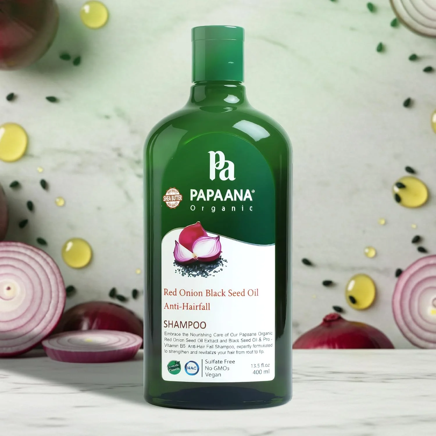 شامپو ضد ریزش مو پاپائنا حاوی روغن پیاز قرمز ارگانیک و روغن سیاه دانه، 400 میلی لیتر، بدون سولفات، وگان