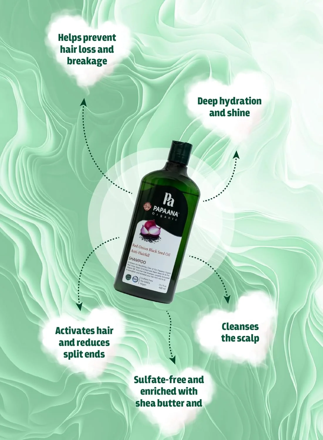 شامپو ضد ریزش مو پاپائنا حاوی روغن پیاز قرمز ارگانیک و روغن سیاه دانه، 400 میلی لیتر، بدون سولفات، وگان