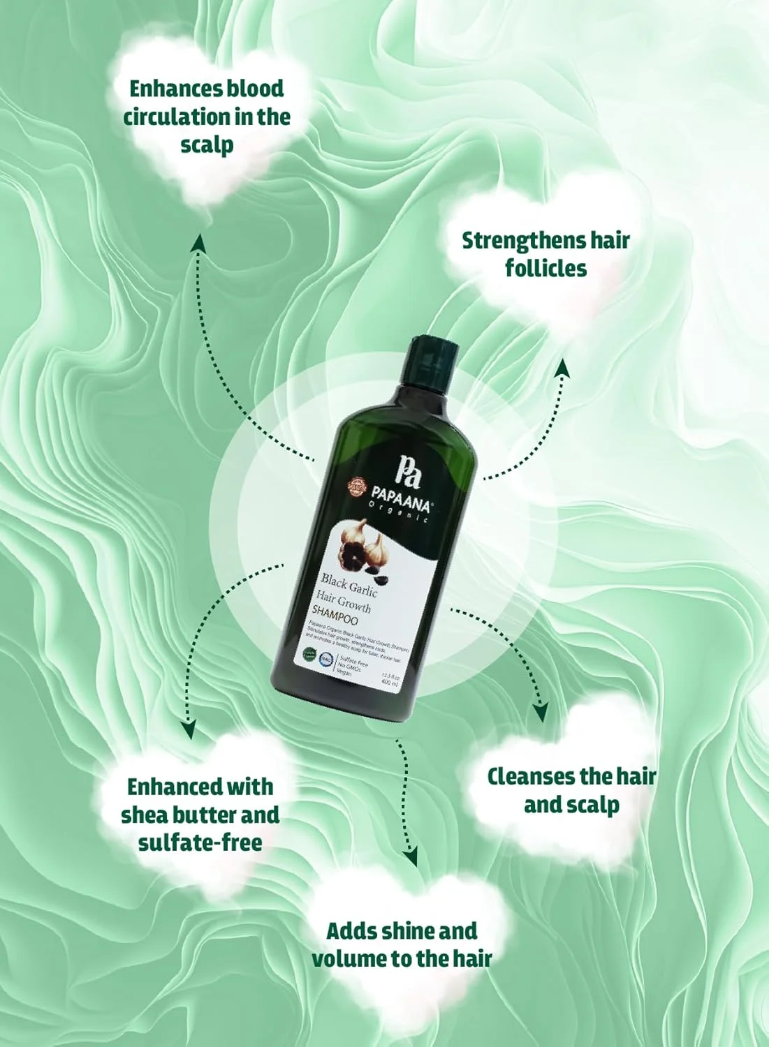شامپو سیر سیاه ارگانیک پاپائنا برای رشد مو، 400 میلی لیتر، بدون سولفات، وگان